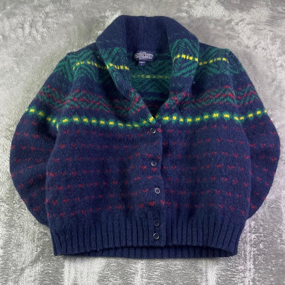 VTG 90’s Lands End Wool Navy Fair Isle Pattern Shawl Neck Cardigan Womens SZ L
